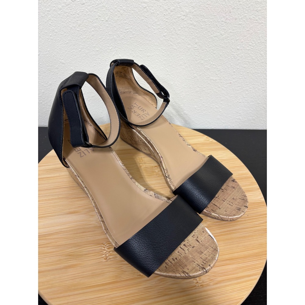 Naturalizer Areda Wedge Sandals Womens 10M Black Cork Ankle Strap Comfort Shoes